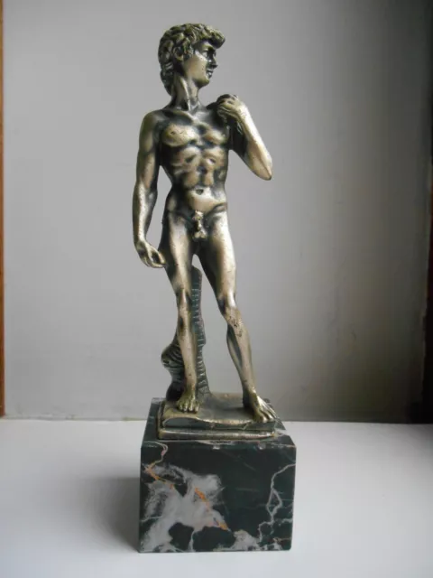 Statua Scultura David Di Michelangelo Bronzo Pieno Argentato Su Base Marmo 20 Cm