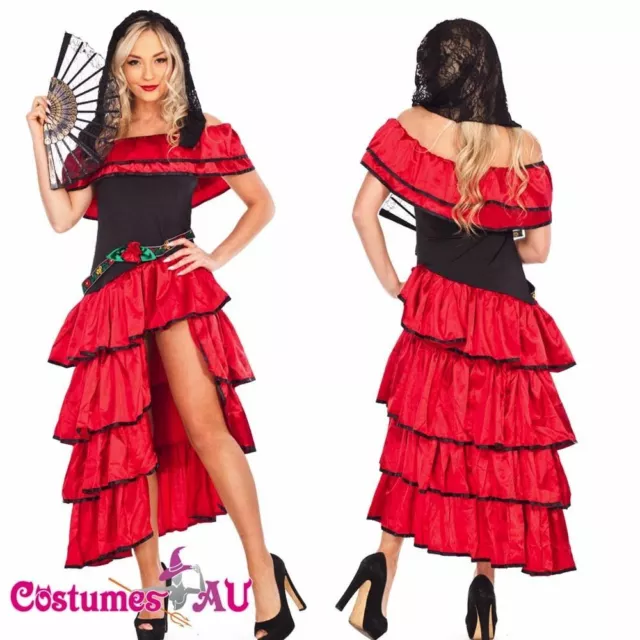 Ladies Spanish Mexican Flamenco Latin Dancer Costume Can Can Saloon Dancing Fan