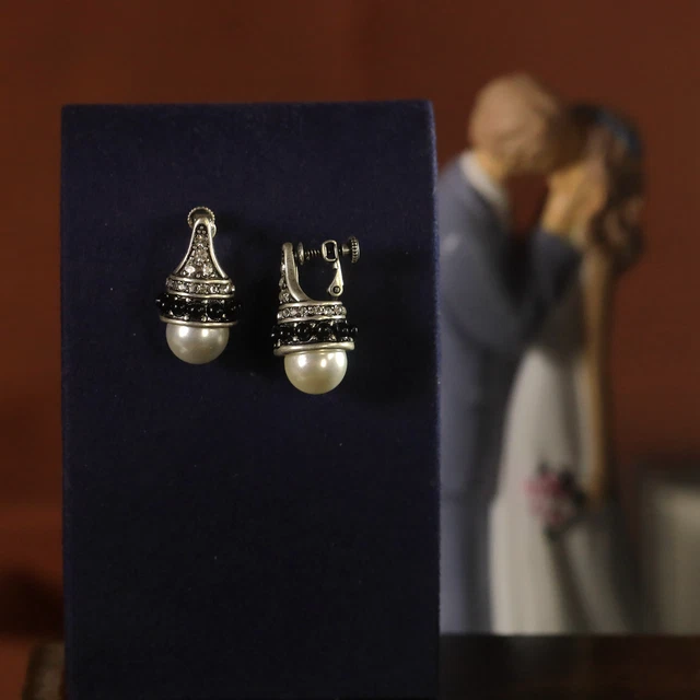 Boucles D'Oreilles Vintage Clips - Perles Noires & Strass - Parfait État