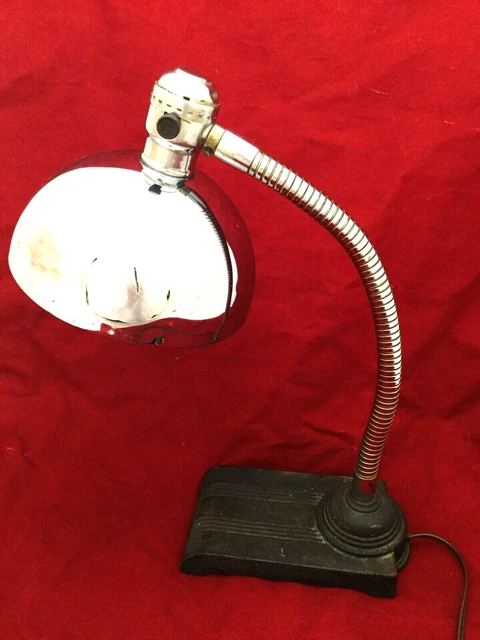 Vintage Art Deco Desk Lamp Gem Electric Co Ny Chrome Shade- Black Cast Iron Base