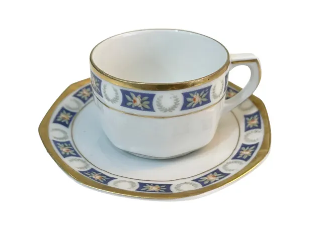 Weimar Germany Porcelain Small Expresso Cup & Saucer Set Blue  & Gold Stamped