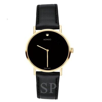 MOVADO Swiss Museum Classic Black Dial Women's Gold Slim Leather Strap Watch