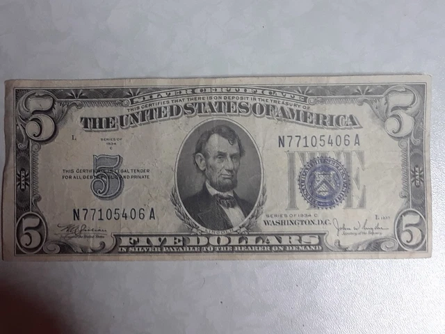 1934 C Blue Seal $5 Dollar Silver Certificate, VG/VF