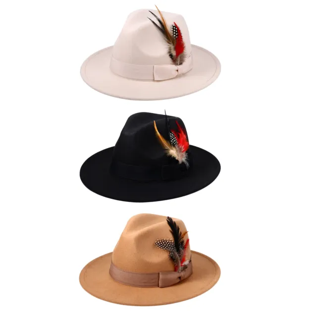 Classic Wide Brim Wool Felt Jazz Hat Feather Fedora Panama Cap for Men Women