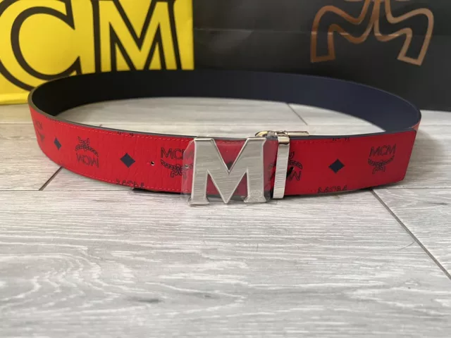 Authentic Adjustable Reversible Red to Blue MCM Belt with Silver Buckle One Size