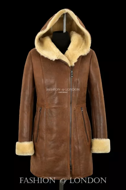 Ladies Shearling Sheepskin Coat Copper Vintage Genuine Fur Hooded long Jacket