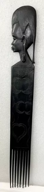 Vintage Large African Art Tribal Comb Hand Carved Black Ebony Wood 24” Long