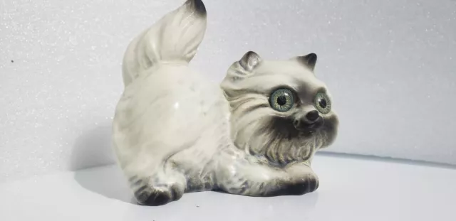 Vintage Roselane Pottery Mid Century Ceramic Himalayan Cat Figurine Green Eyes