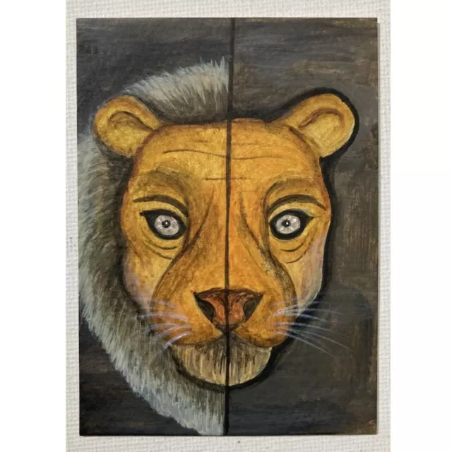 ACEO ORIGINAL PAINTING Mini Collectible Art Card Signed Animal Head Lions Ooak