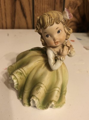 Vintage Lefton little girl figurine KW843B Green Dress Rose In Hair Cute