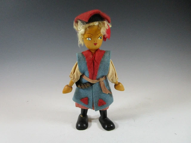 Vintage Wood Peg Leg Blue Coat Lady Doll Made Poland 7" Hand Painted