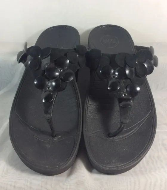 FitFlop Women Size 8 Black Suede Floral Slippers Flip Flop Style 1800-001 2