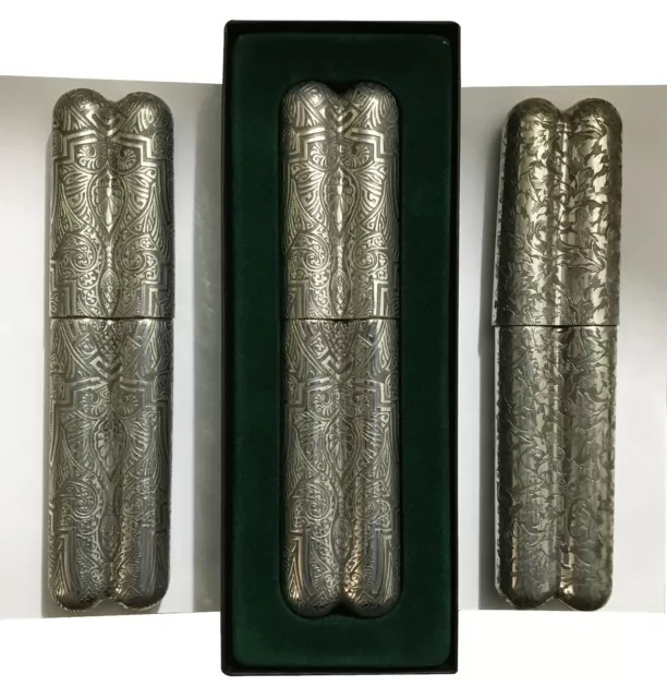 NICKEL SILVER DOUBLE CIGAR TUBE ANTIQUE MARKED E P C WITH HALLMARK (8"L x 2"W)