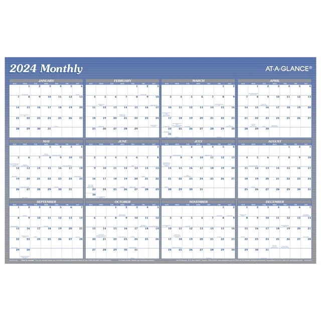AT A GLANCE 2024 VERTICAL Horizontal Reversible Erasable Wall Calendar 