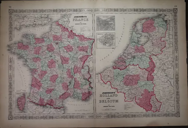 1864 Johnson's Atlas Map ~ FRANCE, BELGIUM, HOLLAND ~(XL18x28)  -#875