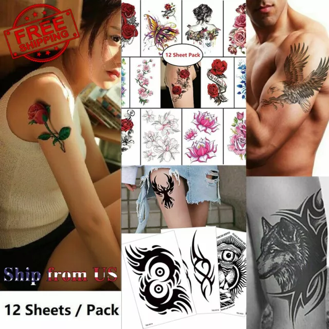 12 piezas/juego de pegatinas temporales para tatuajes impermeables falso brazo pierna arte corporal