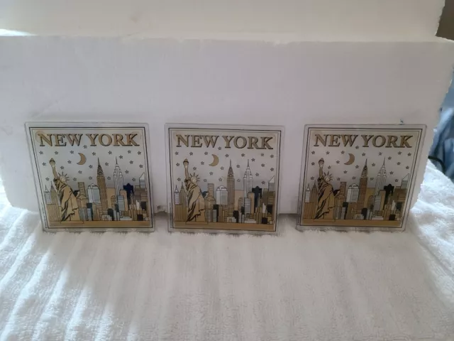Lot Of 3  New York Skyline Glass Coasters 3-1/2" X 3-1/2"  Free Shipping