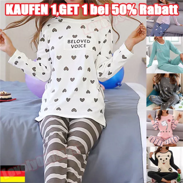 Damen Pyjama Nachtwäsche Schlafanzug Langarm Lange Hosen Oberteil Loungewear Kit