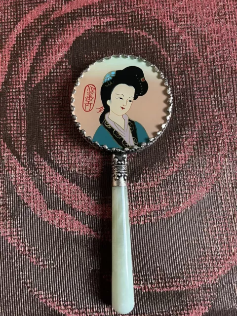 Vintage Asian Japanese Pocket Mirror With Silver & Jade Handle Geisha In Box