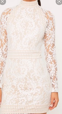 White Lace High Lneck Bodycon Dress Pretty Little Thing Size 8