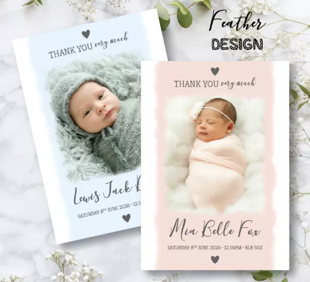 10 Personalised Photo New Baby Thank You Cards / Photo Birth Announcement Cards