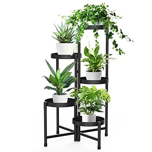 5 Tier Metal Plant Stand for Indoor Outdoor, Foldable Corner Tall Plant Shelf