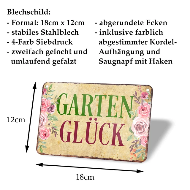 GARTENGLÜCK GARTEN SPRUCH Hängeschild Blechschild Deko Terrasse Balkon