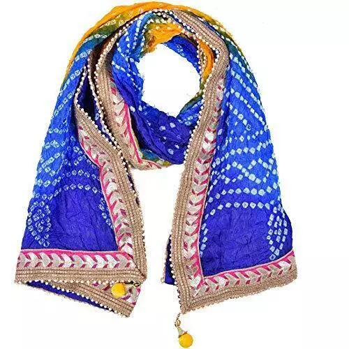 Women's Silk Jaipuri Rajasthani Dupatta with Gota Work & Latkan BLUE&YELLOW