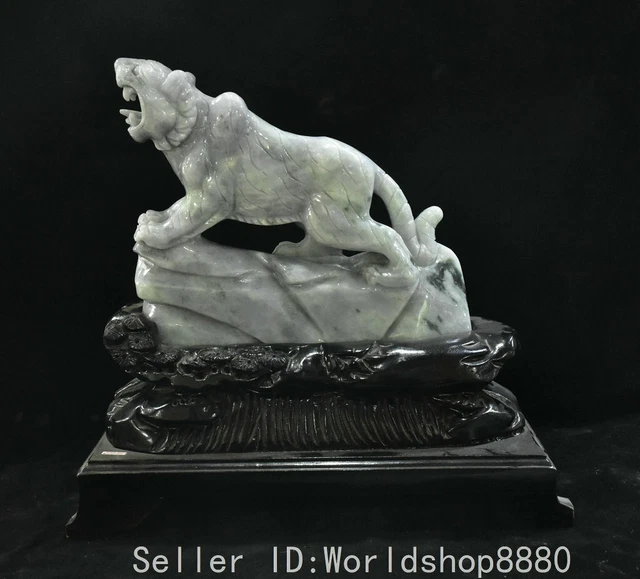 11.6" Old Chinese natural emerald jade carving Zodiac Tiger statue sculpture