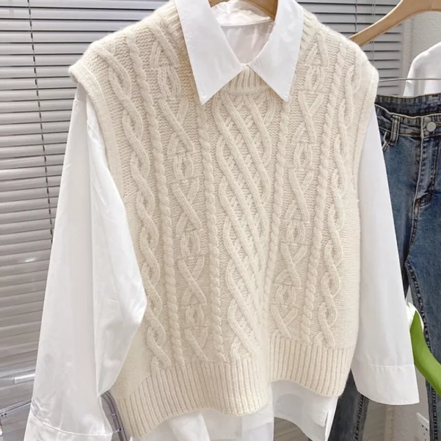 Lady Sweater Cable Chunky Knitted Vest Tank Top Knitwear Jumper Pullover Casual