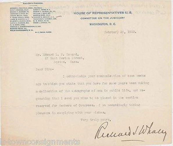 Richard Whaley South Carolina Congress Autographed Signed Senate Letter 1920