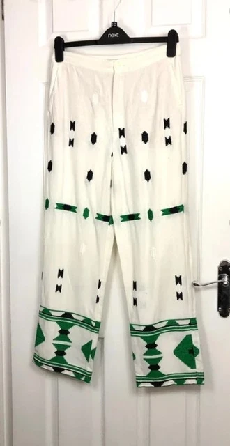 ZARA WHITE Green Embroidered Linen Style Wide Leg Trousers Size