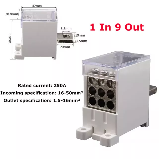 1/3/5/10Pc 1 In 9 Out DIN Rail Terminal Blocks 250A Max Input Distribution Block