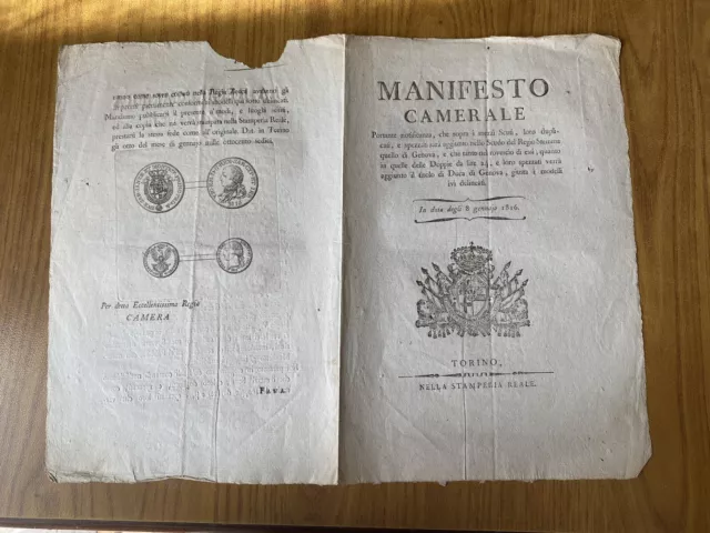 Antico Manifesto Camerale Monete Ducato Di Genova Regno Di Sardegna 1816