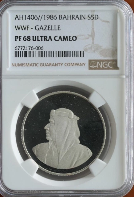 Bahrain 1986 5 Dinars Silver Proof Coin NGC PF 68 UC World Wildlife Fund Gazelle