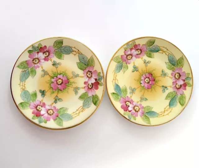 2 Antique Limoges Stouffer Hand Painted Porcelain Plates Pink Flowers Gold Trim