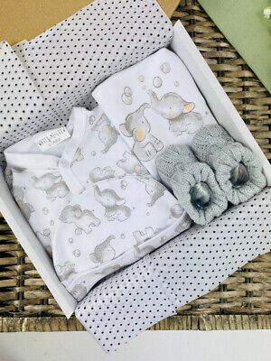 Elephant Bubble Set with Booties Hamper, Unisex New Baby Gift, Clothing Gift Set