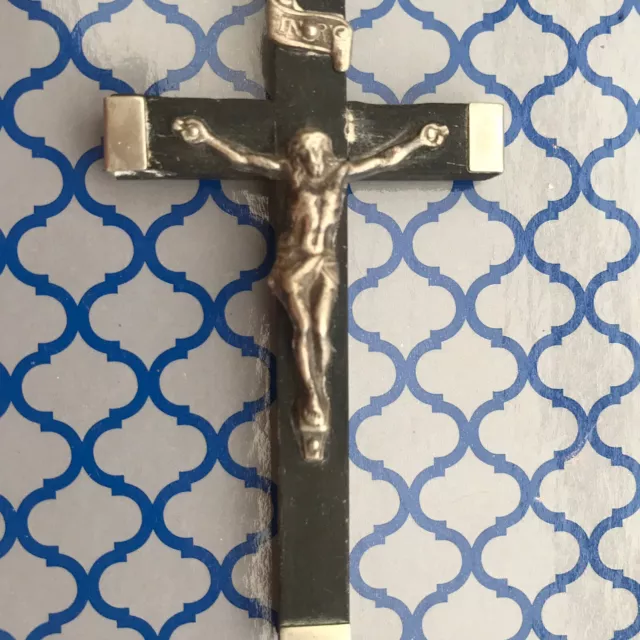 Antique French pectoral cross nickel inlaid wood 3” Silver Crucifix Wall 3