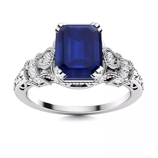 7X5 MM Radiant Cut Blue Sapphire Art Deco Inspired 925 Sterling Silver Ring