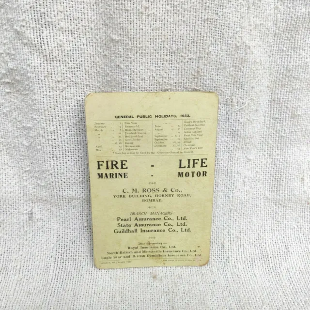 1932 Vintage Cm Ross Fire Life Motor Marine Insurance Advertising Calandar CB251