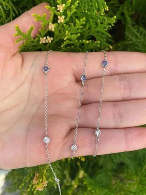 2CT Lab Created Tanzanite 14K White Gold Finish Station By The Yard 18" Necklace