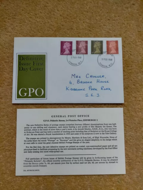 GB FDC 5 Feb 1968 NEW DEFINITIVE ISSUE  FDI London postmark with insert