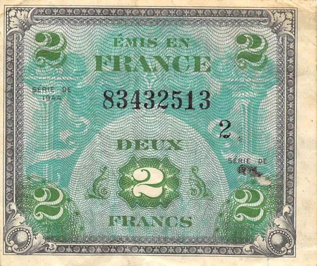 France  2  Francs  Series of 1944  WW II Issue 2nd Run  Circulated Banknote M2