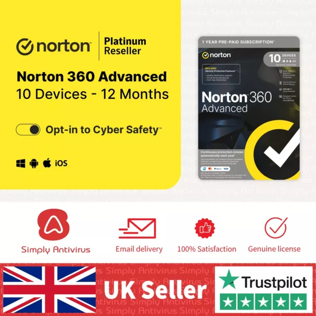 NORTON 360 ADVANCED Antivirus VPN 2024 10 Devices 1 Year 5 Minute EMAIL