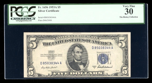 DBR 1953-A $5 Silver Fr. 1656 DA Block PCGS 30 Serial D85038344A