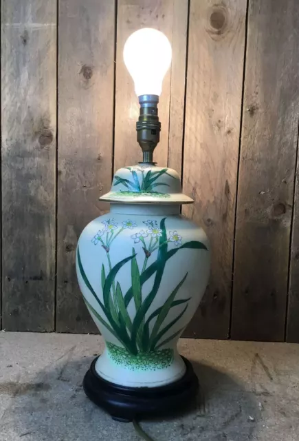 Vintage Ceramic Floral design Table Lamp On Wooden Base No Shade