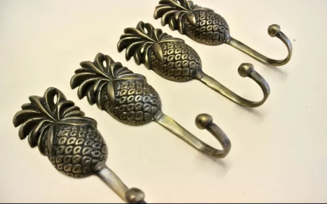 4 small PINEAPPLE 100% brass HOOK COAT WALL MOUNT HANG TROPICAL Old style hook B