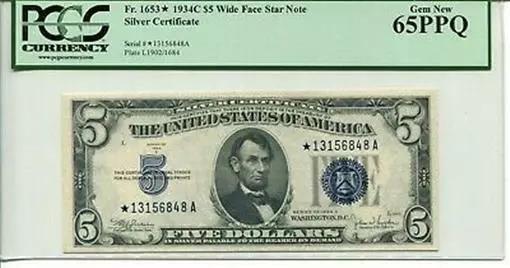 FR 1653* 1934C $5 Wide Face Star Silver Certificate 65 GEM Uncirculated