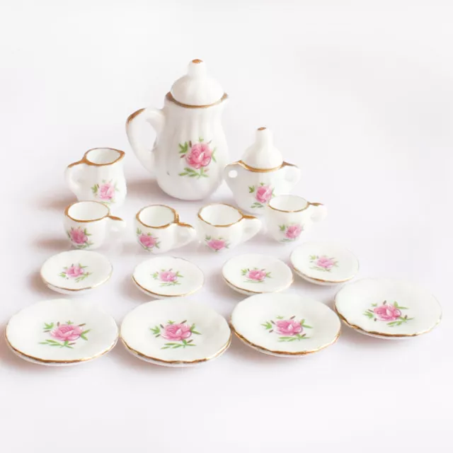 15pcs Dining Room Porcelain Tea Set Dish Cup 1/12 Dollhouse Miniature Pink Rose