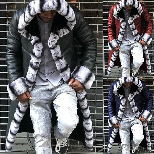 Mens Winter Warm Thick Jacket Faux Fur Lined Fleece Hooded Long Trench Coat Slim